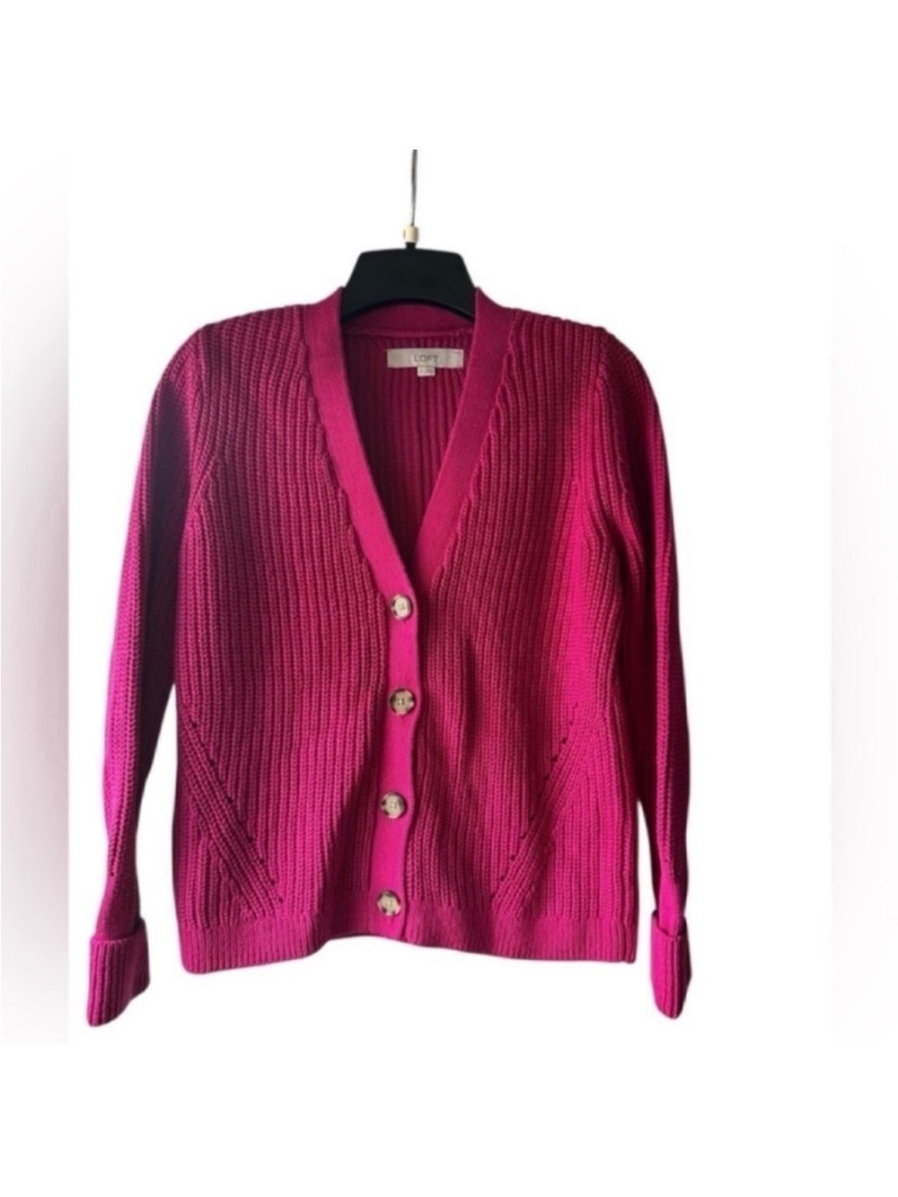 LOFT Bright Fuchsia Ribbed Button Cardigan - Picture 2 of 11